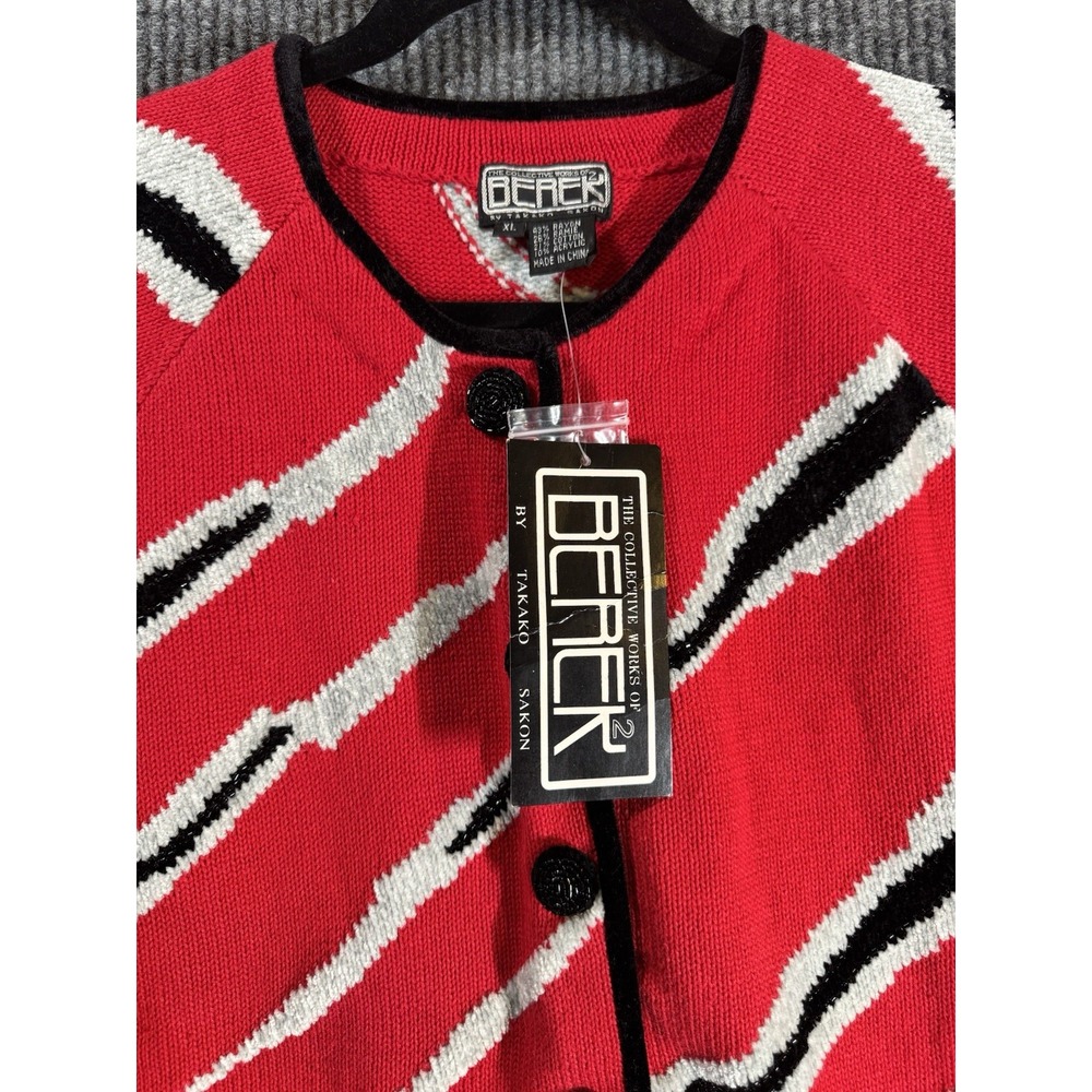 VTG Berek Beaded Fringe Cardigan Sweater XL -Red Black Gray Zebra Stripe NOS NWT - Picture 6 of 16
